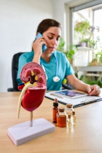 A doctor sits at a desk with a kidney model in front of her