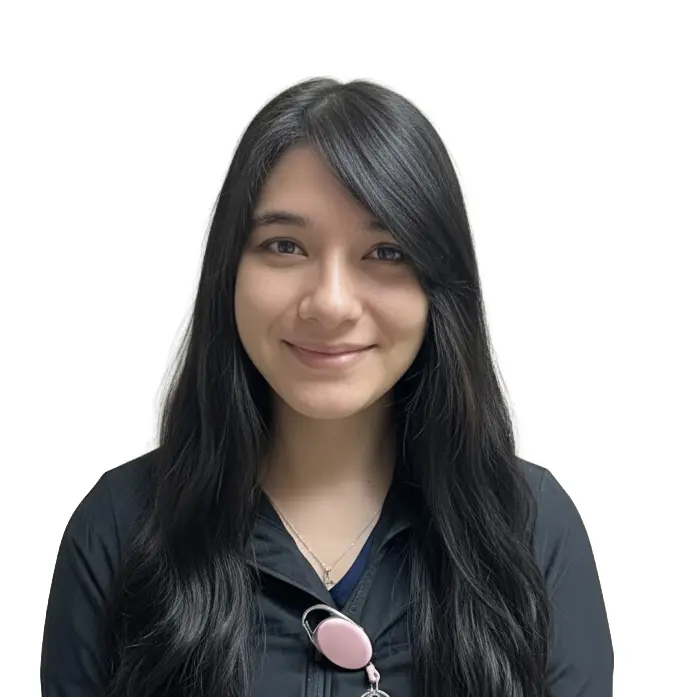 young woman with dark brown hair in medical attire